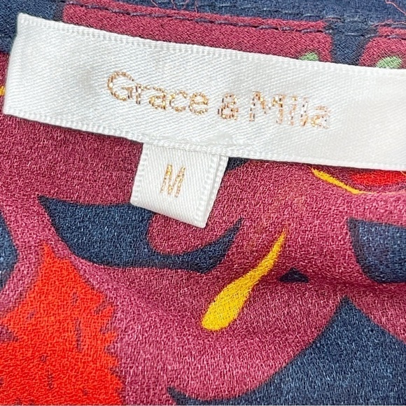 GRACE & MILA Women’s Navy Red Floral Chiffon Pleated Long Sleeve Blouse Size M - Picture 7 of 9